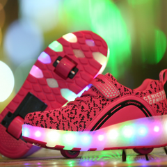 Black Blue Pink Spotted Led Shoes With Roller Wheels | Rechargeable Led Wheel Heely Shoes