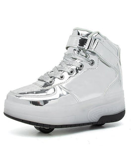 High Top Silver, Red Stylish Led Roller Shoes | Roller High Top Light Up Sneakers For Kids