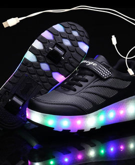 Black Pink Led Roller Shoes Black  |  Kids Led Light Roller Heel Wheel Shoes  | Usb Rechargeable Shoes For Girls & Boys