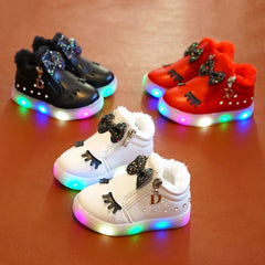 Winter Plush Kids Flat led Light Shoes | Cartoon Bow LED shoes For Small Kids