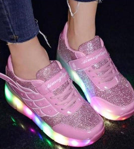 Pink Light Up Led Roller Shoes For Kids - Pink Wings | Kids Led Light Roller Wheel Shoes