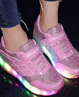 Pink Light Up Led Roller Shoes For Kids - Pink Wings | Kids Led Light Roller Wheel Shoes