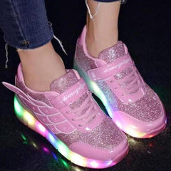 Pink Light Up Led Roller Shoes For Kids - Pink Wings | Kids Led Light Roller Wheel Shoes