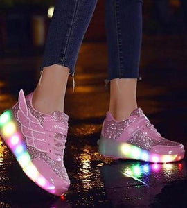 Pink Light Up Led Roller Shoes For Kids - Pink Wings | Kids Led Light Roller Wheel Shoes